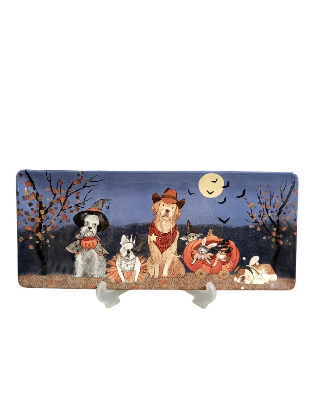 Pier 1 Park Avenue Puppies Halloween Serving Tray Dogs Cats Pumpkins 14" x 6"